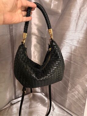 Woven Black Leather Hobo Bag with Gold Accents